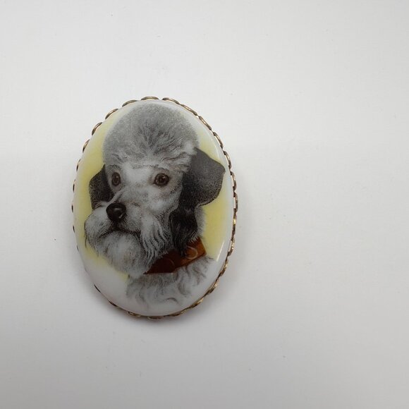 Vintage Porcelain Schnauzer Dog Brooch Oval Sweet Gold Tone Metal - Picture 2 of 6